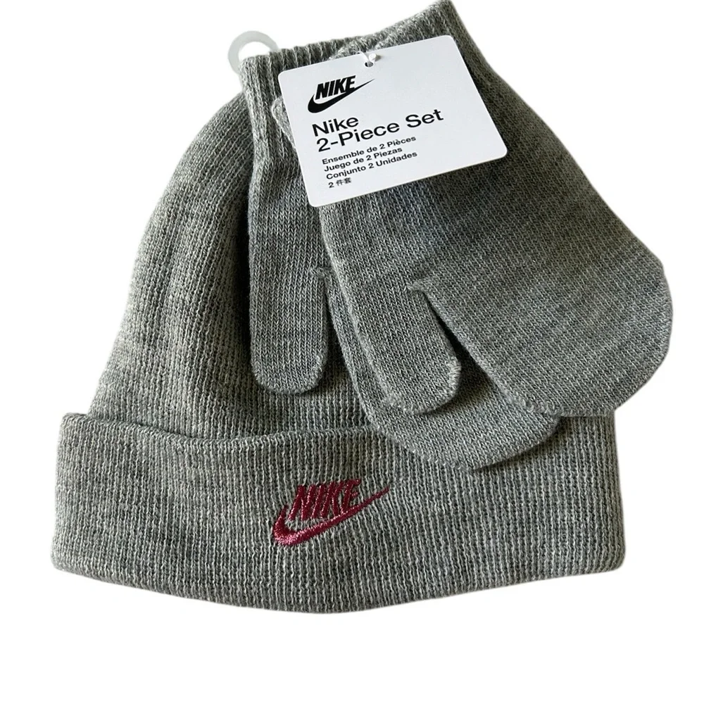 Nike Heather Gray Hot Pink Embroidered Fold Over Beanie and Mittens 2 Piece Set - Picture 2 of 14